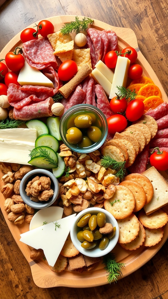 An elegant arrangement of cheeses, cured meats, fresh vegetables, olives, and crackers on a wooden platter.